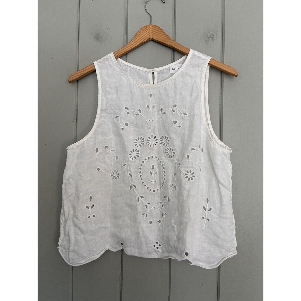 Bella Dahl Top S Small White Linen Embroidered Eyelet Summer Sleeveless